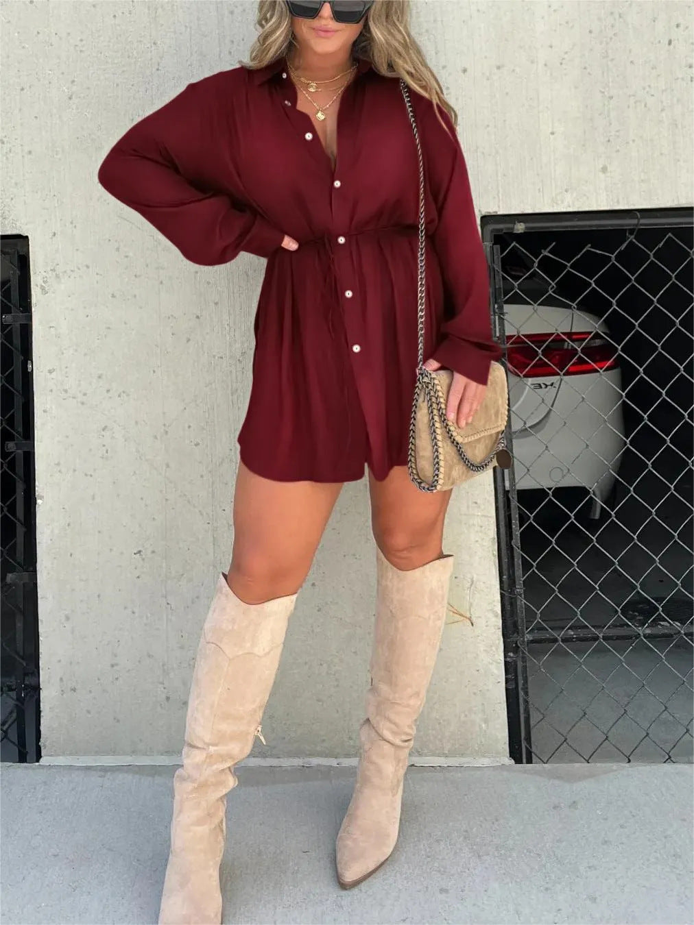 Women’s Long Sleeve Jumpsuit with Buttons — Shirt Dress Style