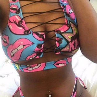 Women’s Pineapple Print Lace-Up Bikini Bikini Set