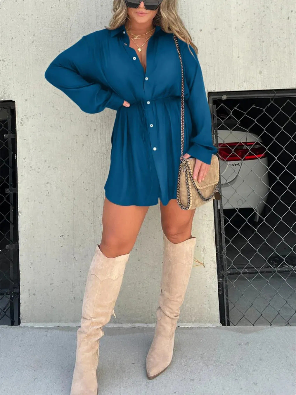 Women’s Long Sleeve Jumpsuit with Buttons — Shirt Dress Style