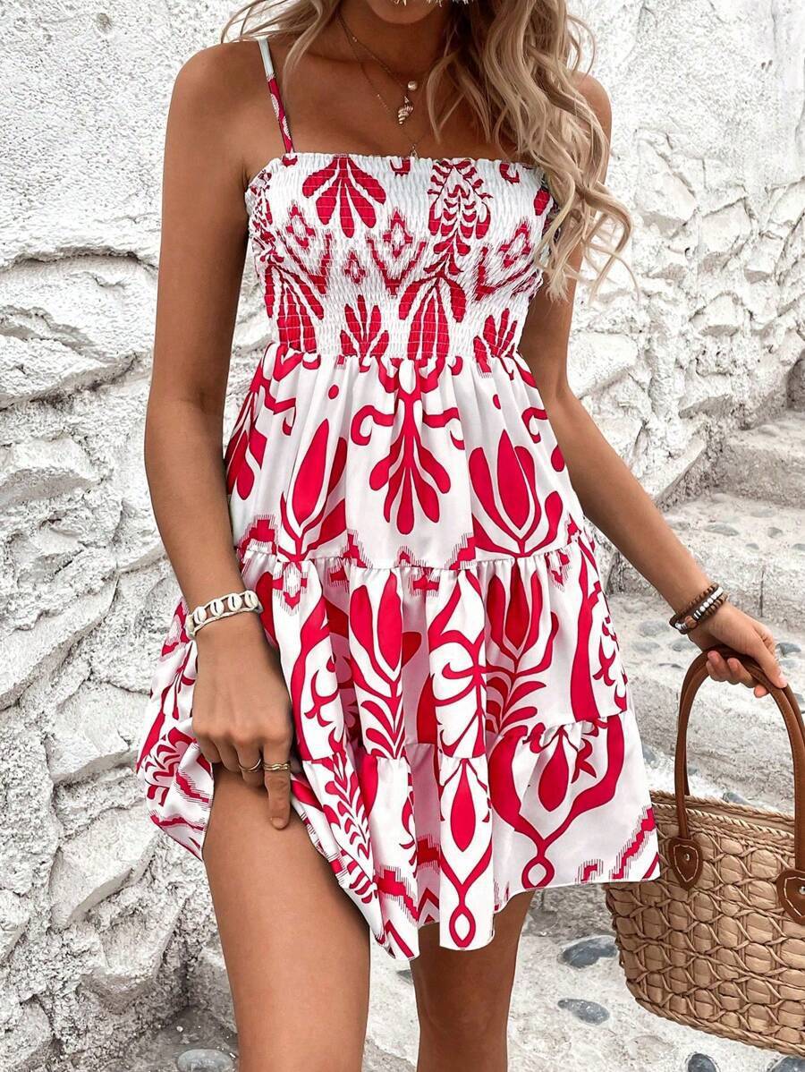 Women’s Fashion Plant Print Gathered Cami Dress