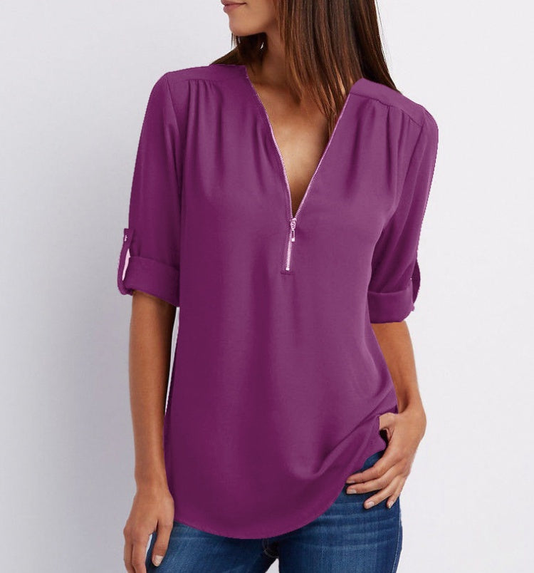 Women’s Zip V-neck Short Sleeve Top