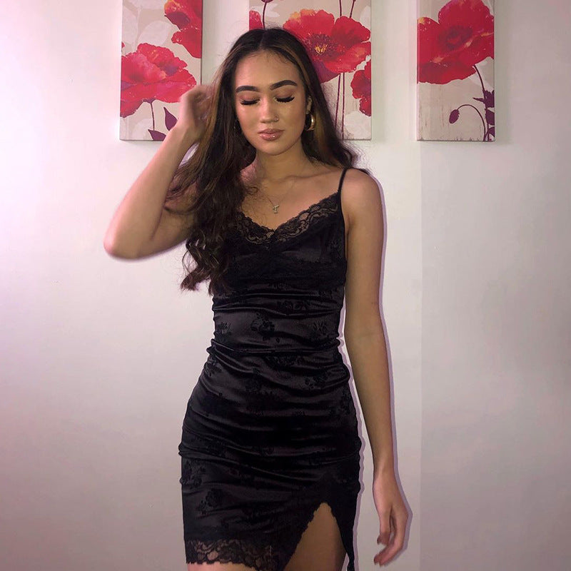 Goth V-Neck Bodycon Mini Dress – Black, Sleeveless