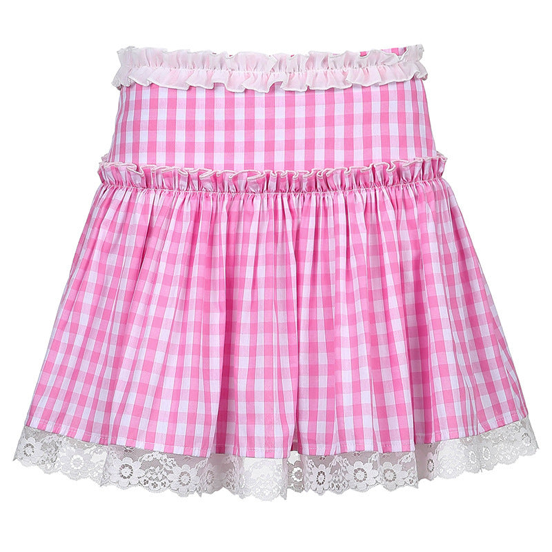 Women's Sexy High Waist Plaid Lace Pleated Mini Skirt