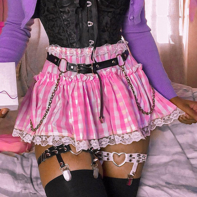 Women's Sexy High Waist Plaid Lace Pleated Mini Skirt