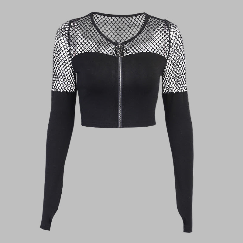 Gothic Mesh Stitch Zip-Up Base Top – Black Cotton-Poly Tee