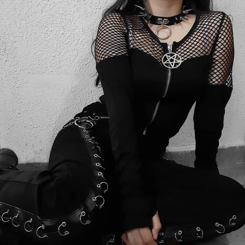 Gothic Mesh Stitch Zip-Up Base Top – Black Cotton-Poly Tee