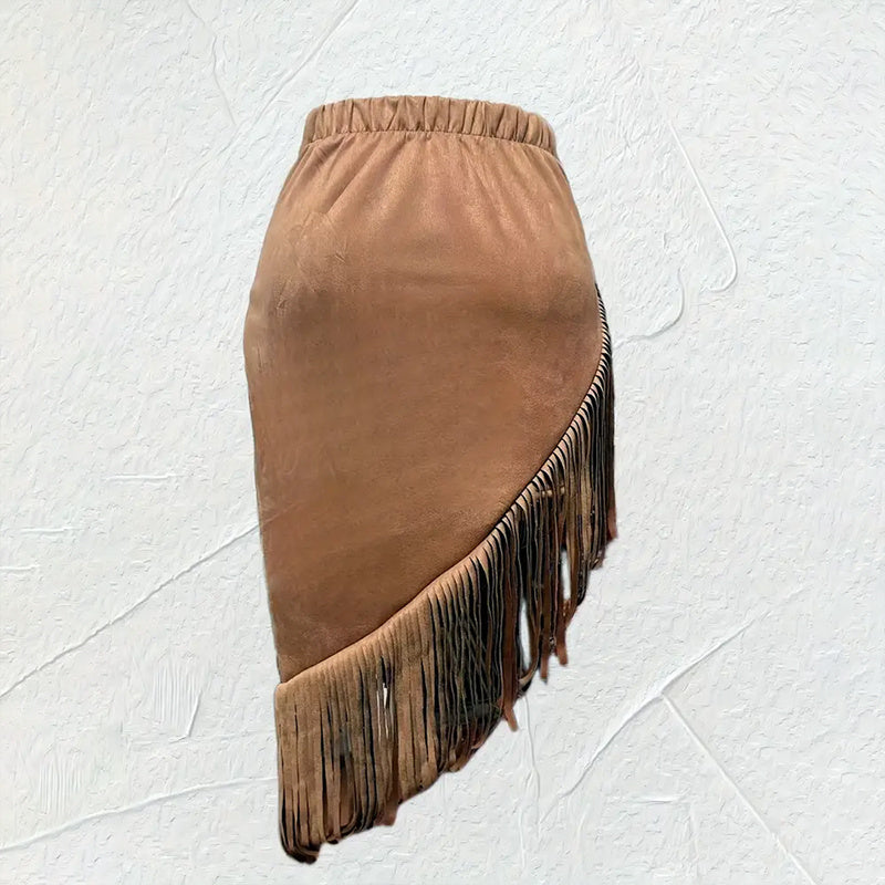Women’s Solid Color Vintage Fringe Hem Asymmetrical Suede Skirt