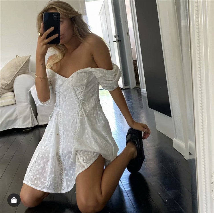 Short Sleeve V-Neck High-Waist A-Line Dress (White)