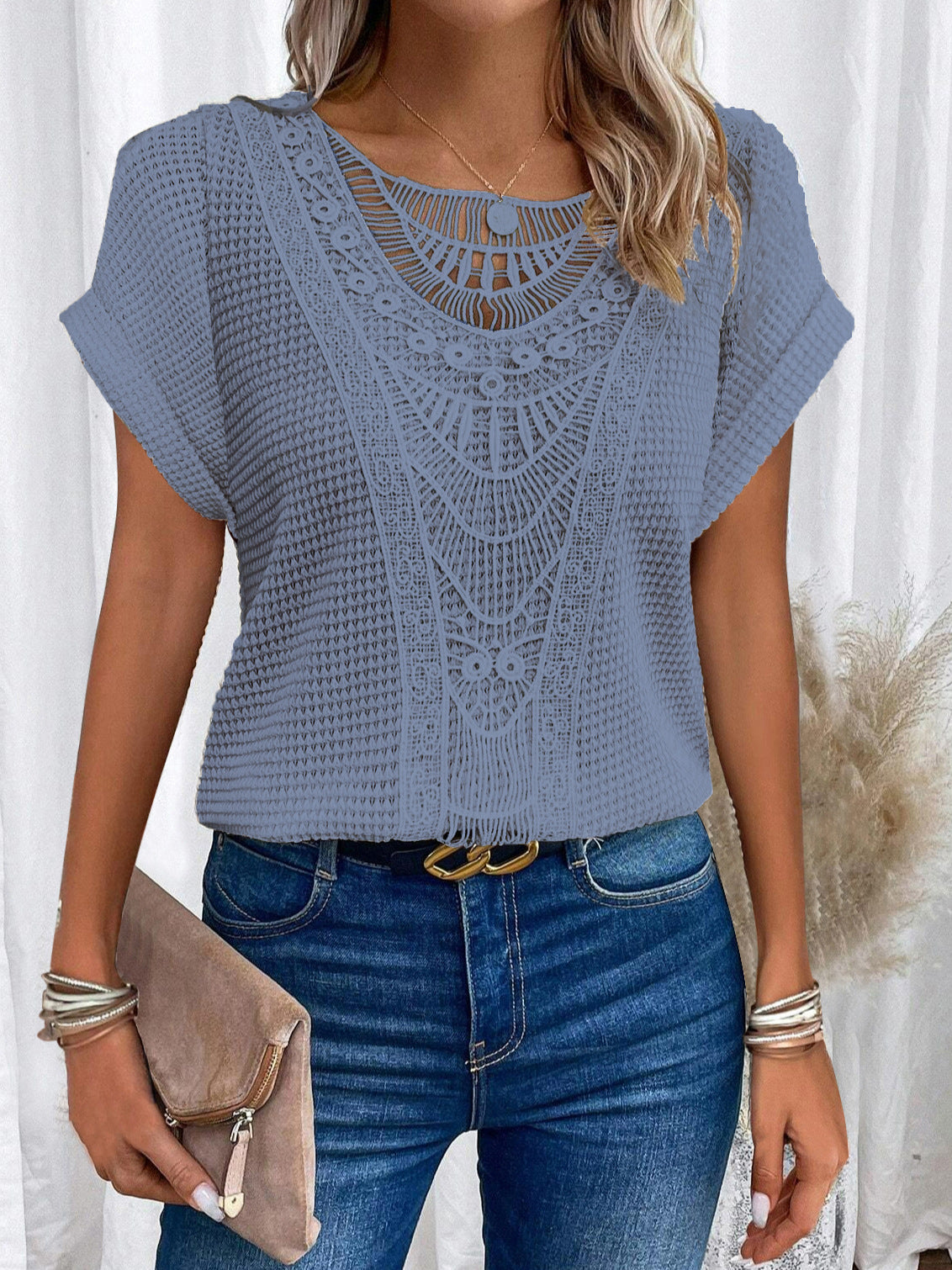 Summer Hollow-Out Short-Sleeve T-Shirt – Ethnic Style Women’s Top