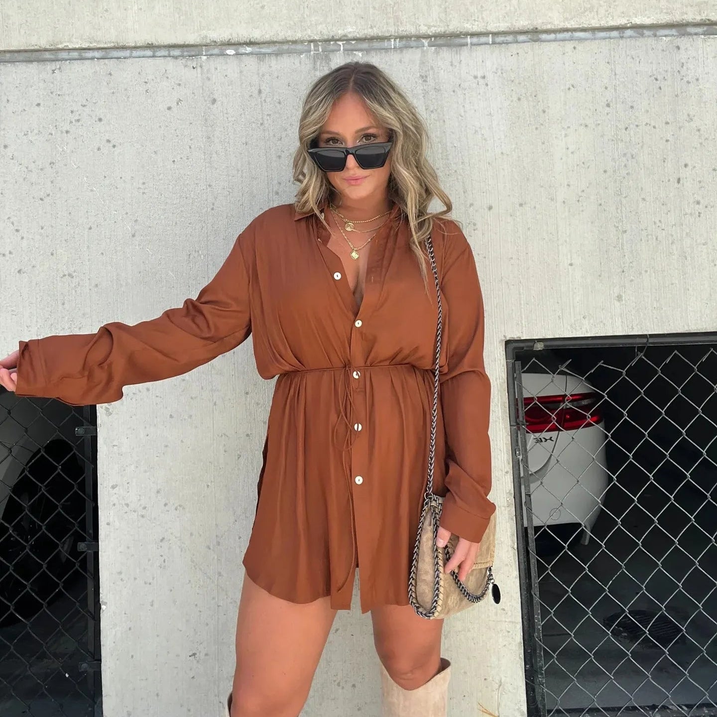 Women’s Long Sleeve Jumpsuit with Buttons — Shirt Dress Style