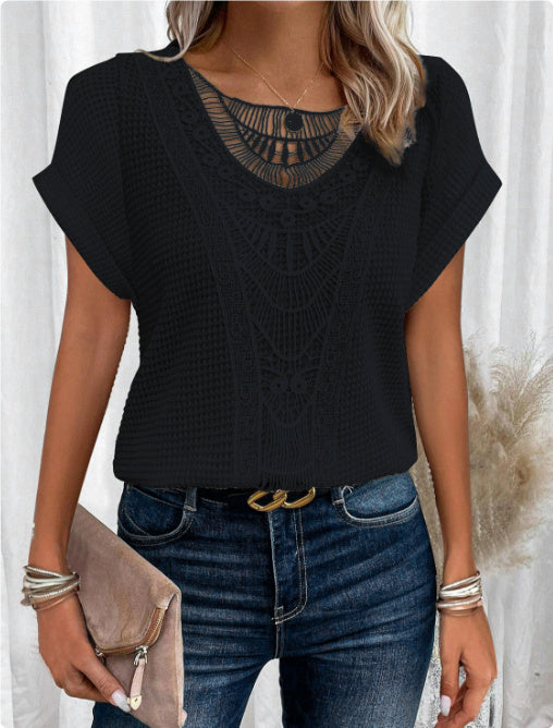 Summer Hollow-Out Short-Sleeve T-Shirt – Ethnic Style Women’s Top