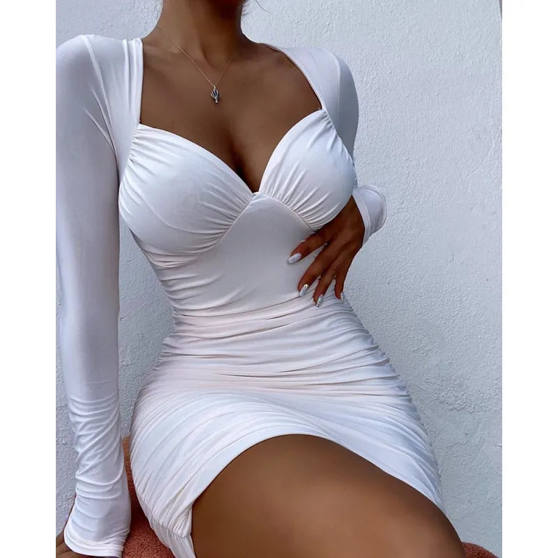Women’s Low Neck Long Sleeve Print Bodycon Dress Skirt