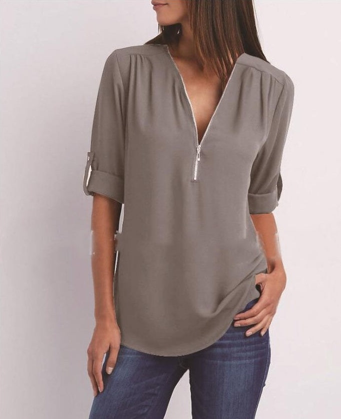 Women’s Zip V-neck Short Sleeve Top