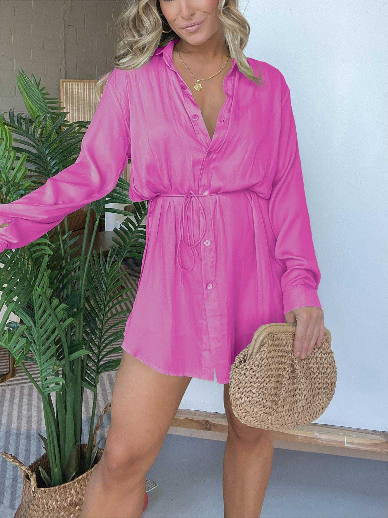 Women’s Long Sleeve Jumpsuit with Buttons — Shirt Dress Style