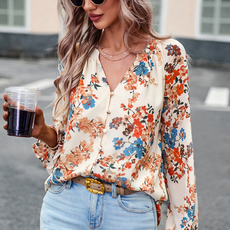 Women’s Floral V-Neck Chiffon Blouse