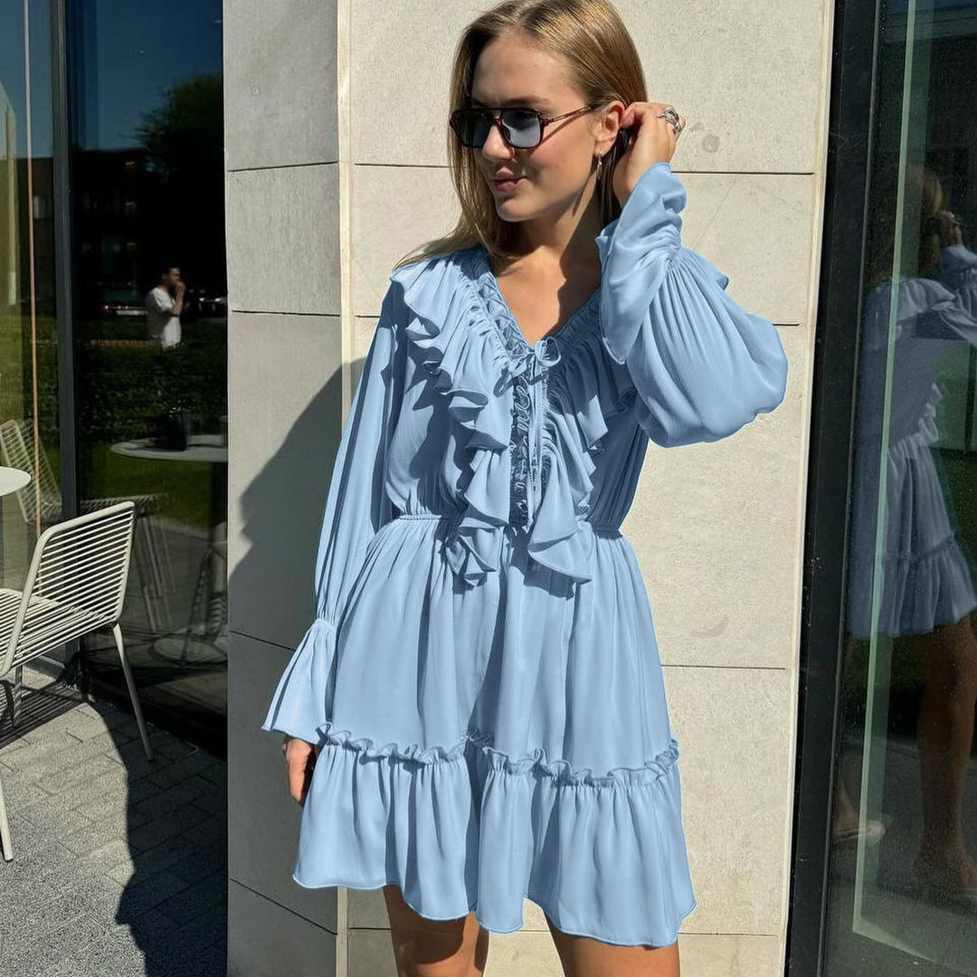 Women’s Y2K-Inspired V-Neck Pleated Ruffle Dress Skirt