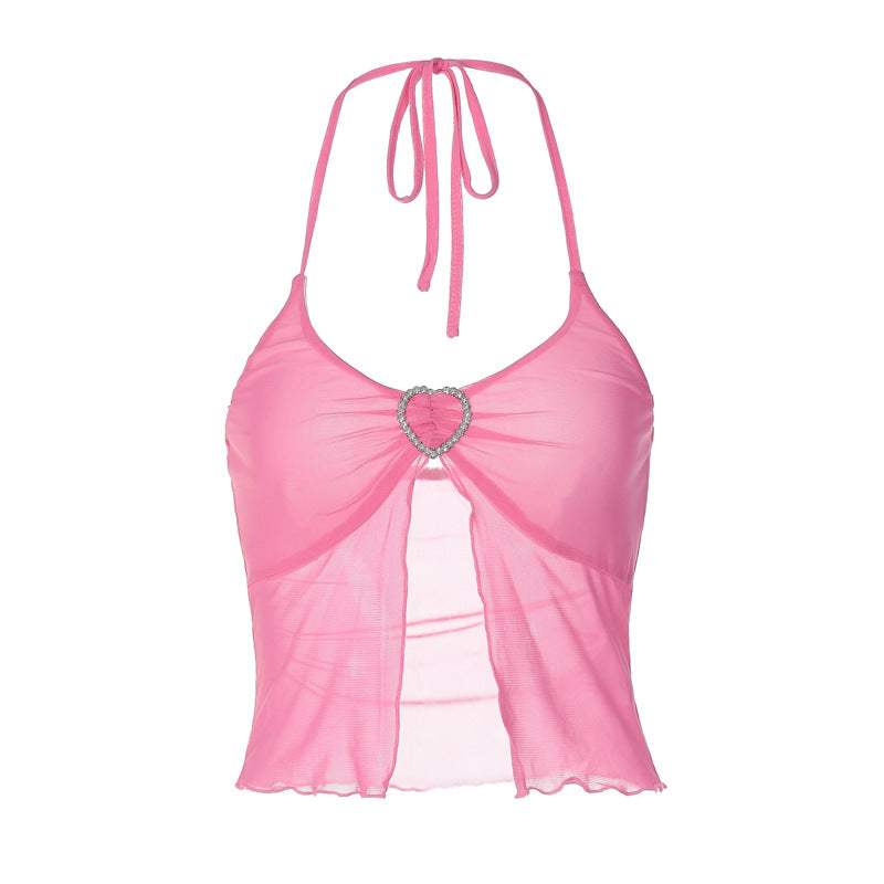 Women’s Pink Mesh Stitching Chest-Wrapped Halter Vest