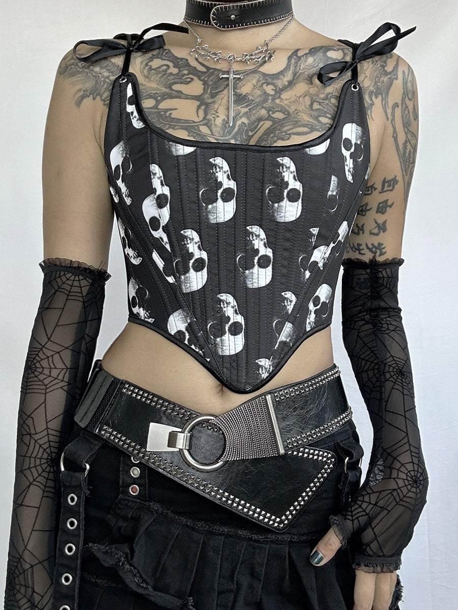 Dark Gothic Punk Skull Print Corset Tie-Up Vest