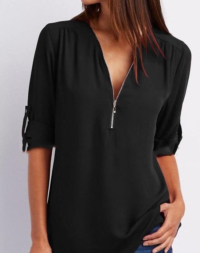 Women’s Zip V-neck Short Sleeve Top