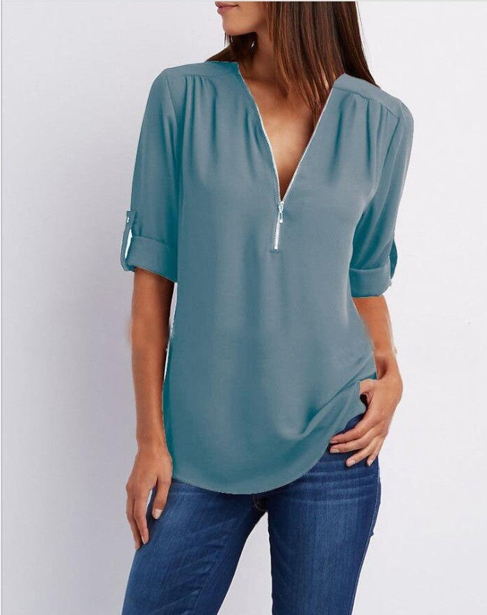 Women’s Zip V-neck Short Sleeve Top