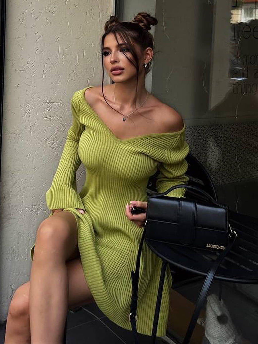 Women’s Slim V-Neck Long Sleeve Knitted Dress Skirt
