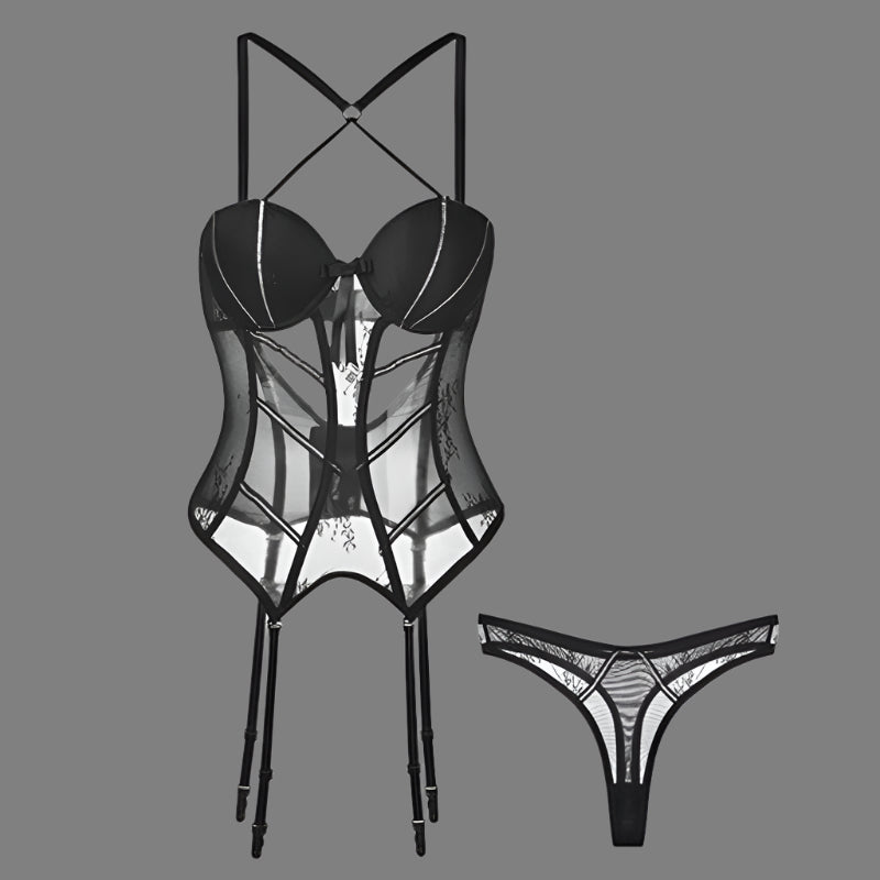 Black Hollow-Out Mesh Bodysuit – Sheer Lingerie (One Size)