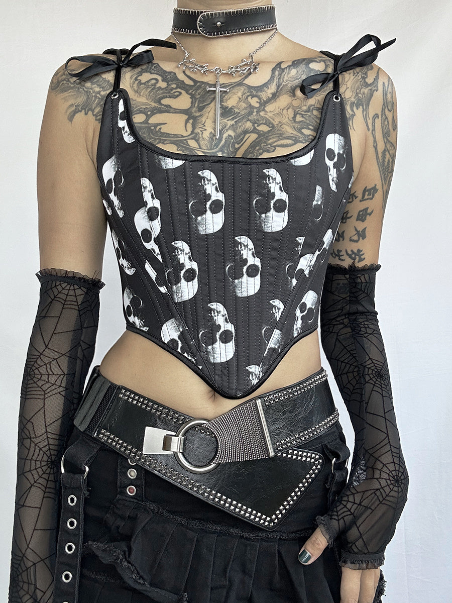 Dark Gothic Punk Skull Print Corset Tie-Up Vest