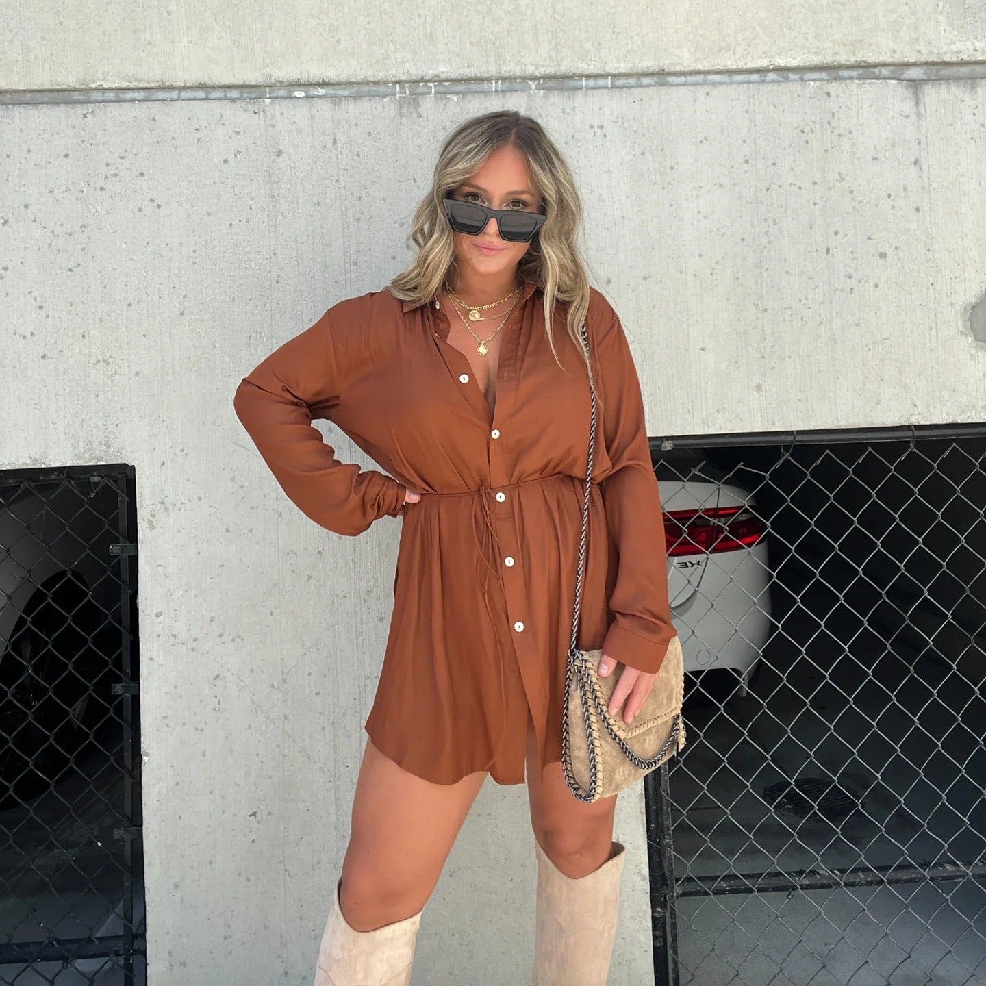 Women’s Long Sleeve Jumpsuit with Buttons — Shirt Dress Style