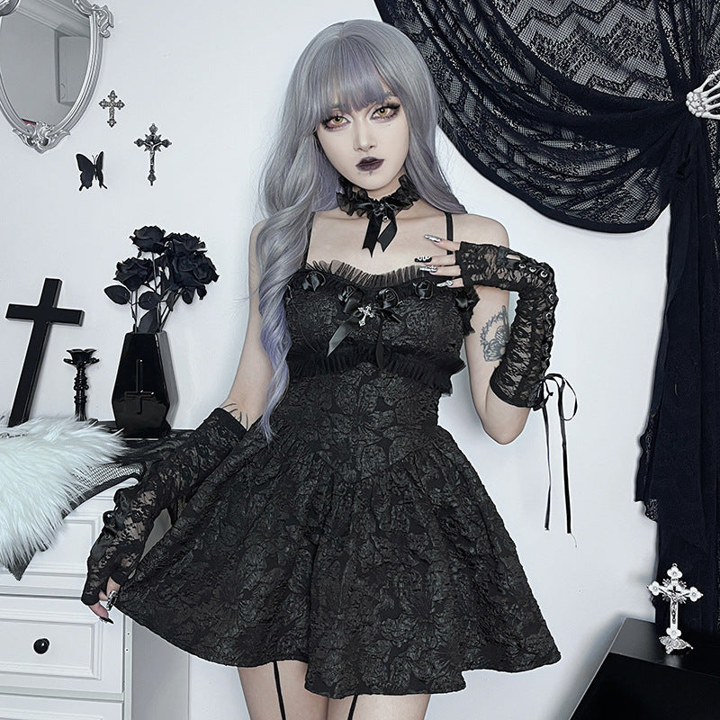 Women’s Dark Goth Rose Lace Sling Dress