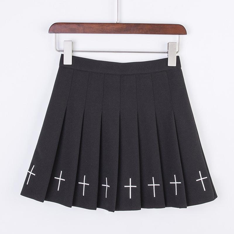 Pleated Embroidered Skirt – High-Waist Gothic Retro Mini