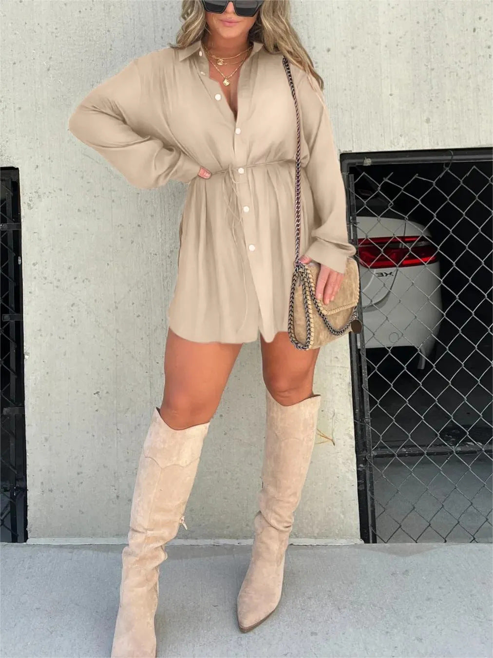 Women’s Long Sleeve Jumpsuit with Buttons — Shirt Dress Style