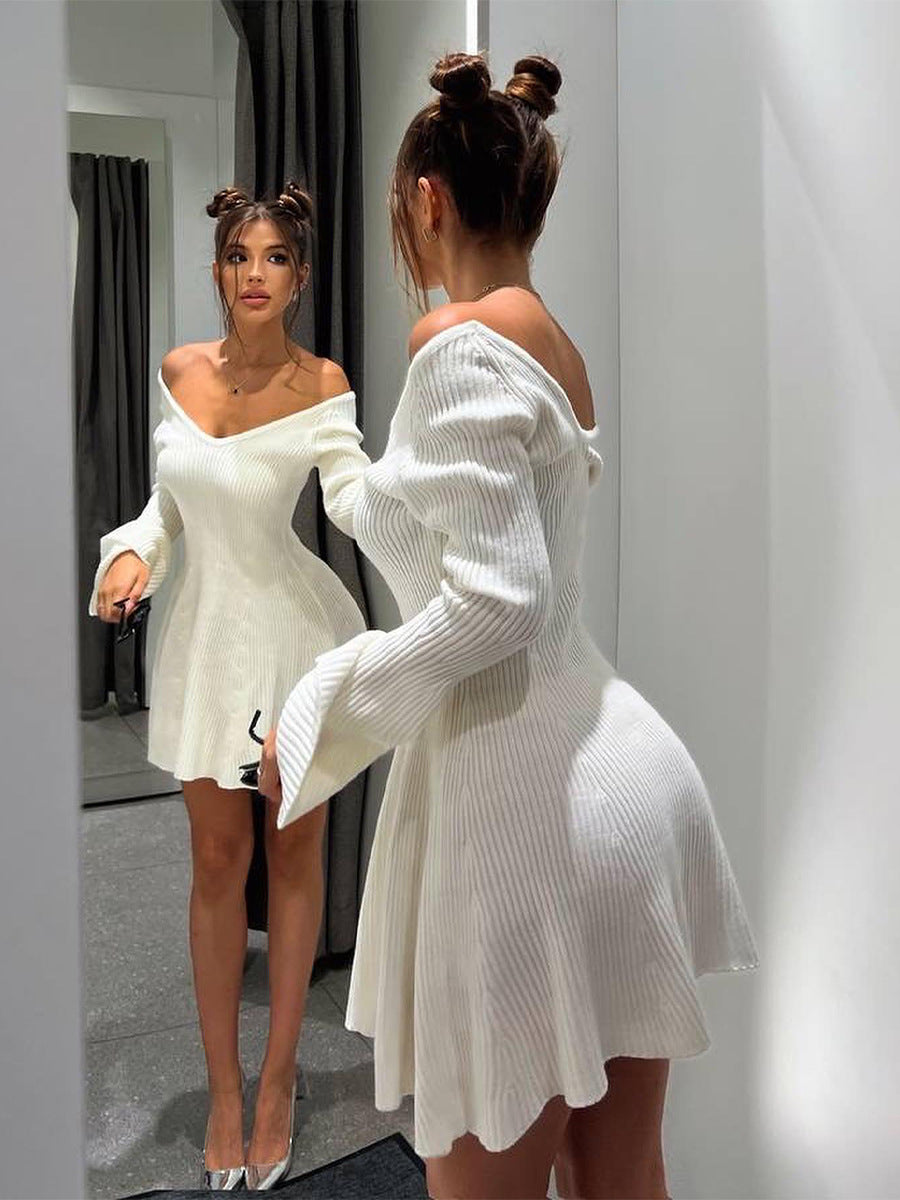 Women’s Slim V-Neck Long Sleeve Knitted Dress Skirt