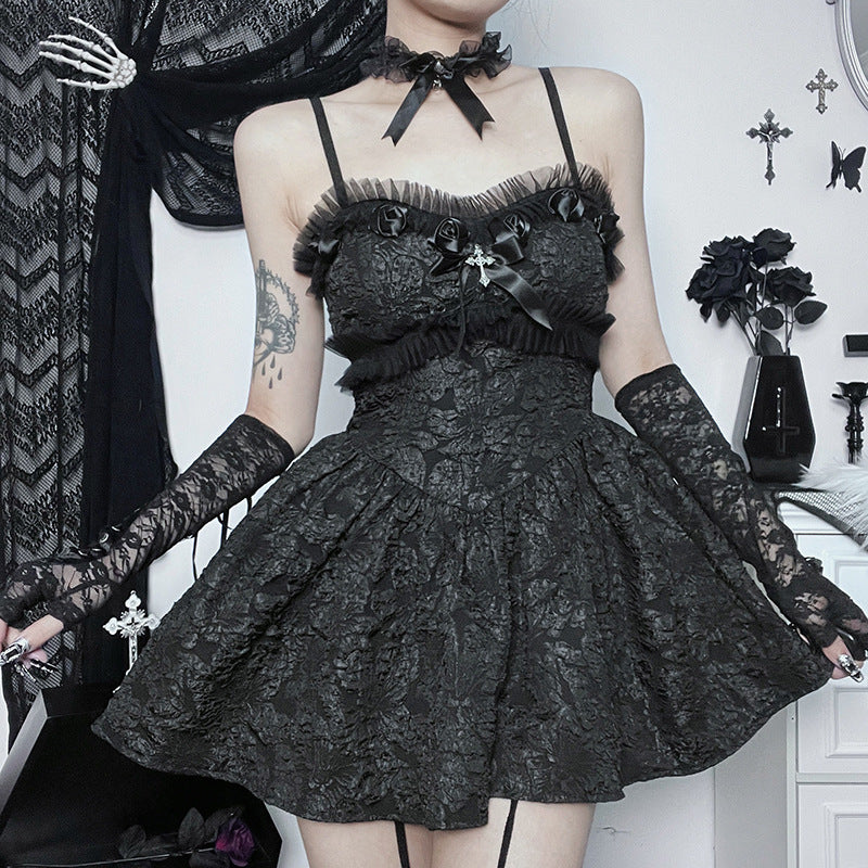 Women’s Dark Goth Rose Lace Sling Dress