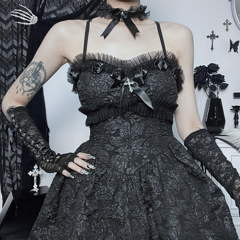 Women’s Dark Goth Rose Lace Sling Dress