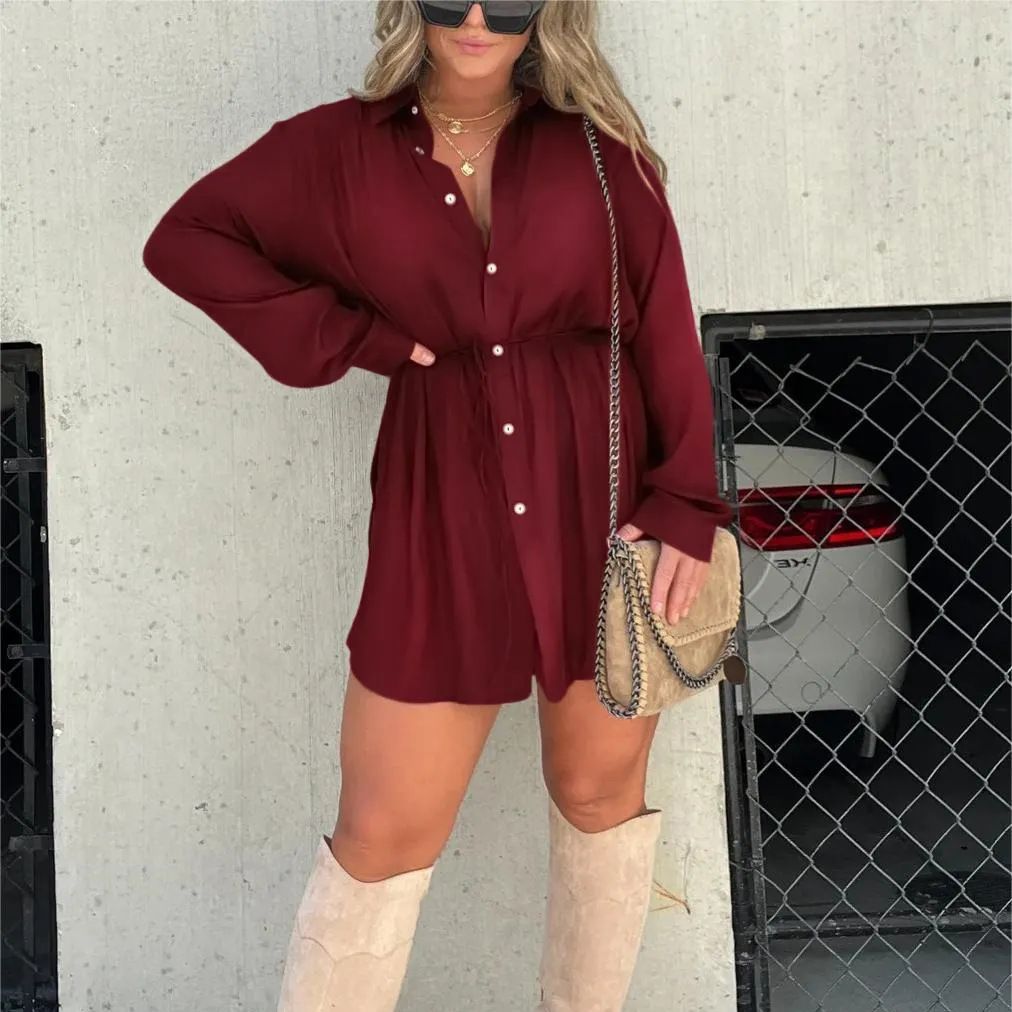 Women’s Long Sleeve Jumpsuit with Buttons — Shirt Dress Style