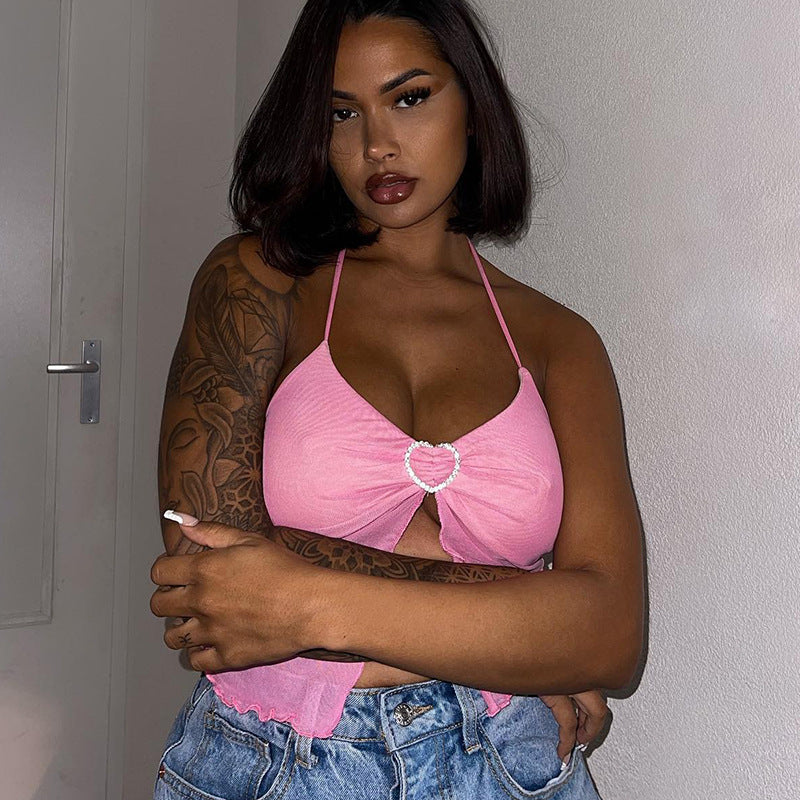 Women’s Pink Mesh Stitching Chest-Wrapped Halter Vest