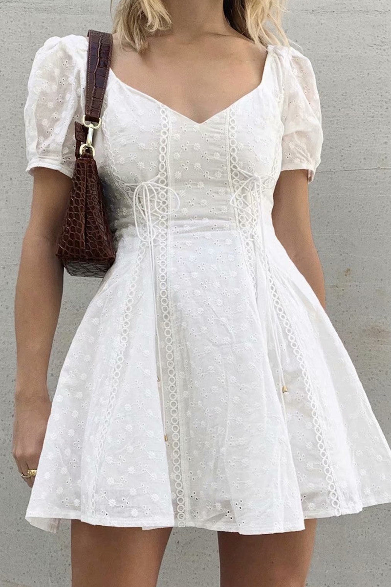 Short Sleeve V-Neck High-Waist A-Line Dress (White)