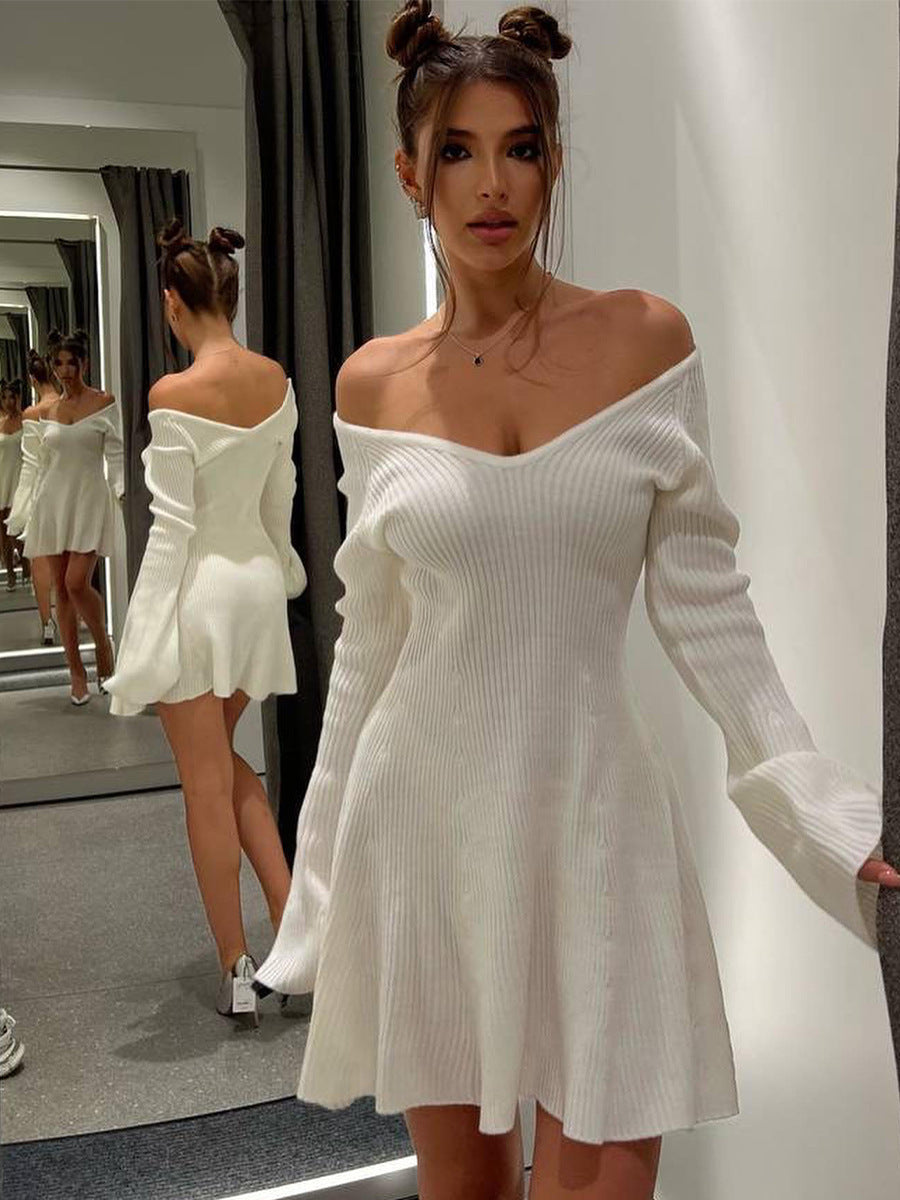 Women’s Slim V-Neck Long Sleeve Knitted Dress Skirt