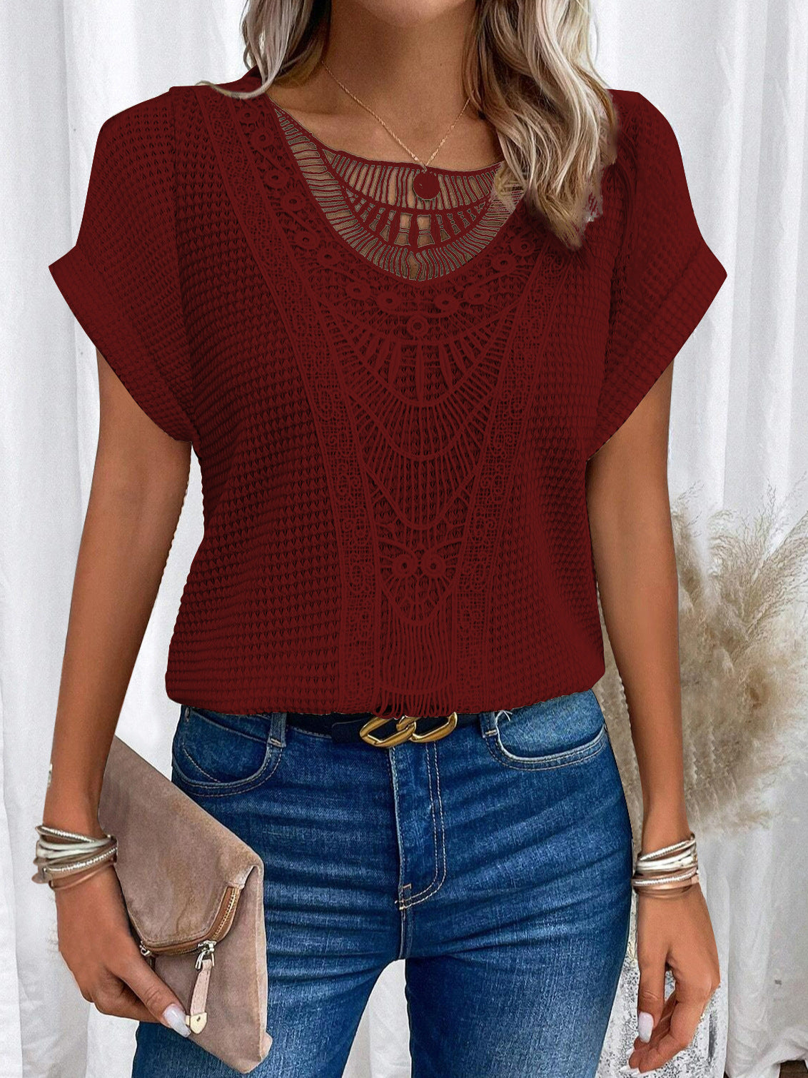Summer Hollow-Out Short-Sleeve T-Shirt – Ethnic Style Women’s Top