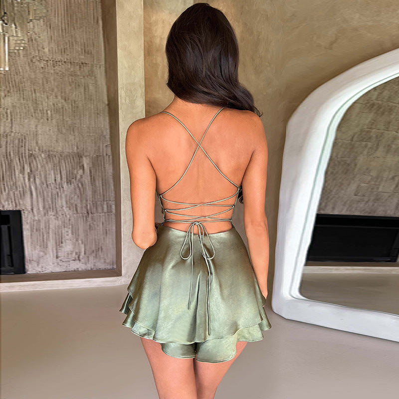 Women’s Halter Satin Backless A-Line Swing Dress Skirt