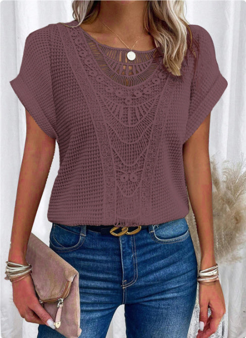 Summer Hollow-Out Short-Sleeve T-Shirt – Ethnic Style Women’s Top
