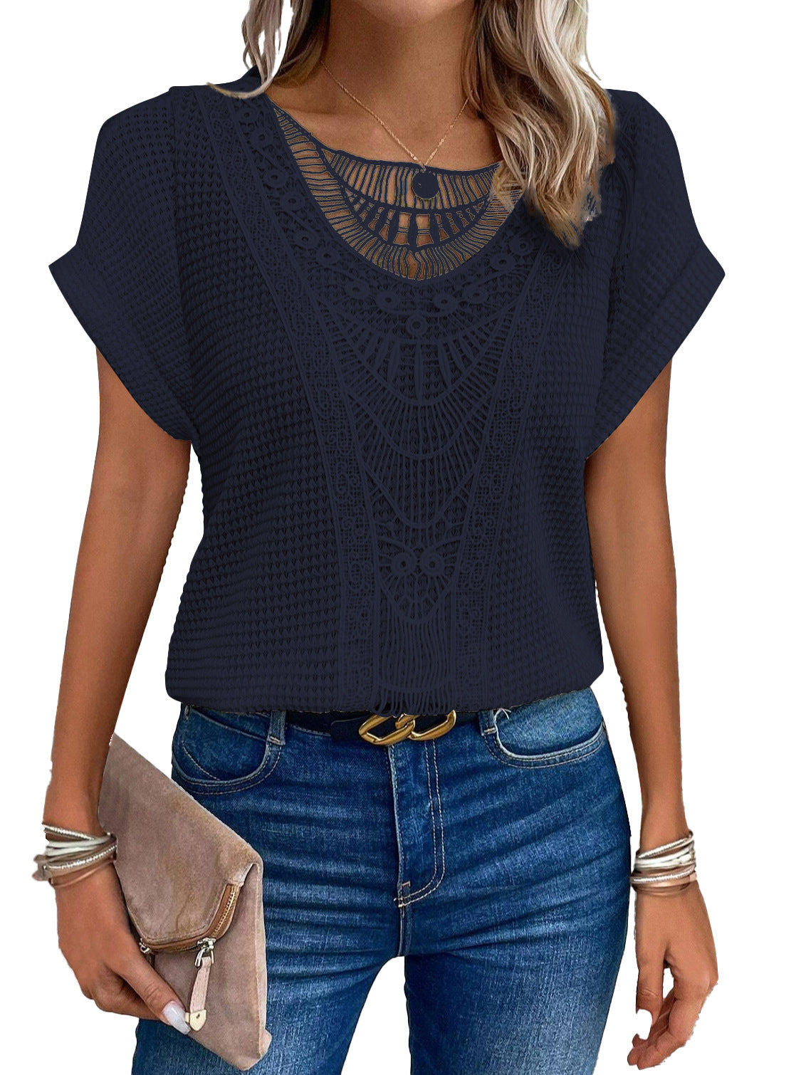 Summer Hollow-Out Short-Sleeve T-Shirt – Ethnic Style Women’s Top