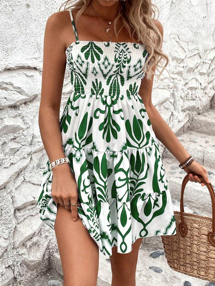 Women’s Fashion Plant Print Gathered Cami Dress