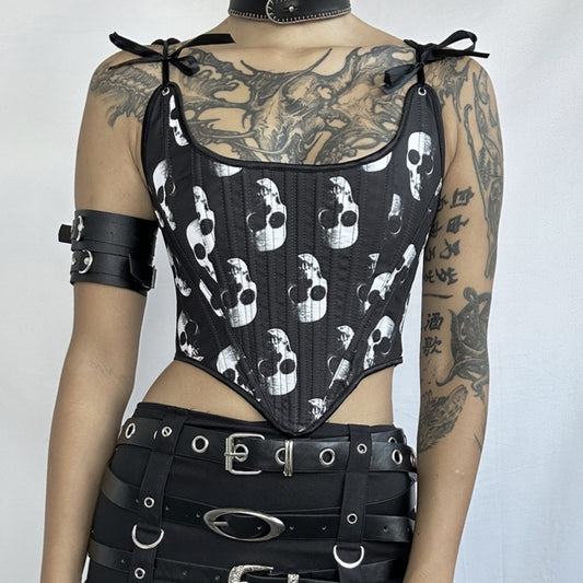 Dark Gothic Punk Skull Print Corset Tie-Up Vest