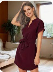 V-neck Short Sleeve Belted Summer Bowknot Dress