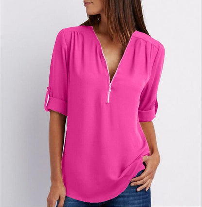 Women’s Zip V-neck Short Sleeve Top