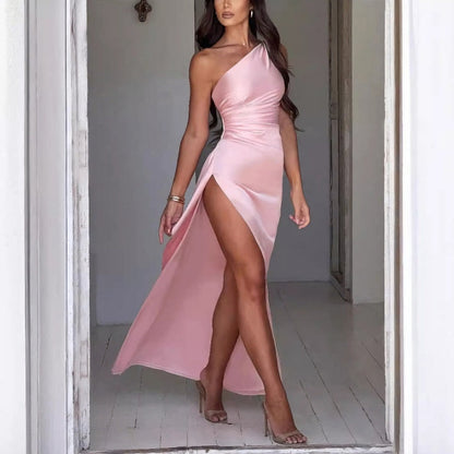 Women’s One-shoulder Backless Slit Dress Skirt