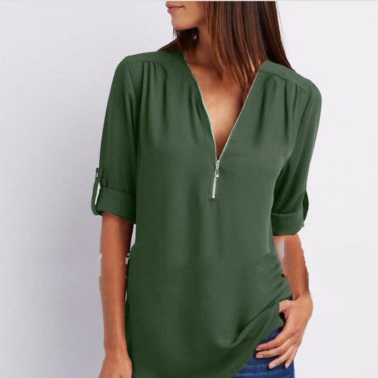 Women’s Zip V-neck Short Sleeve Top