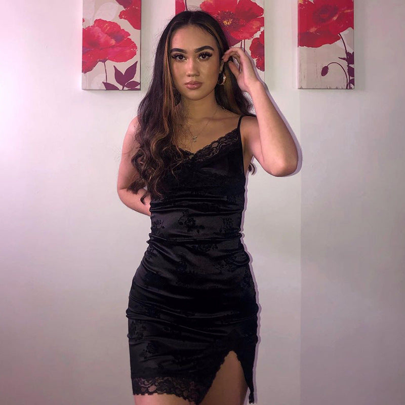 Goth V-Neck Bodycon Mini Dress – Black, Sleeveless