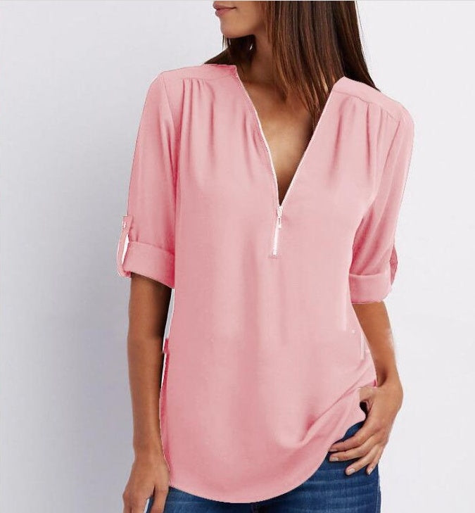 Women’s Zip V-neck Short Sleeve Top